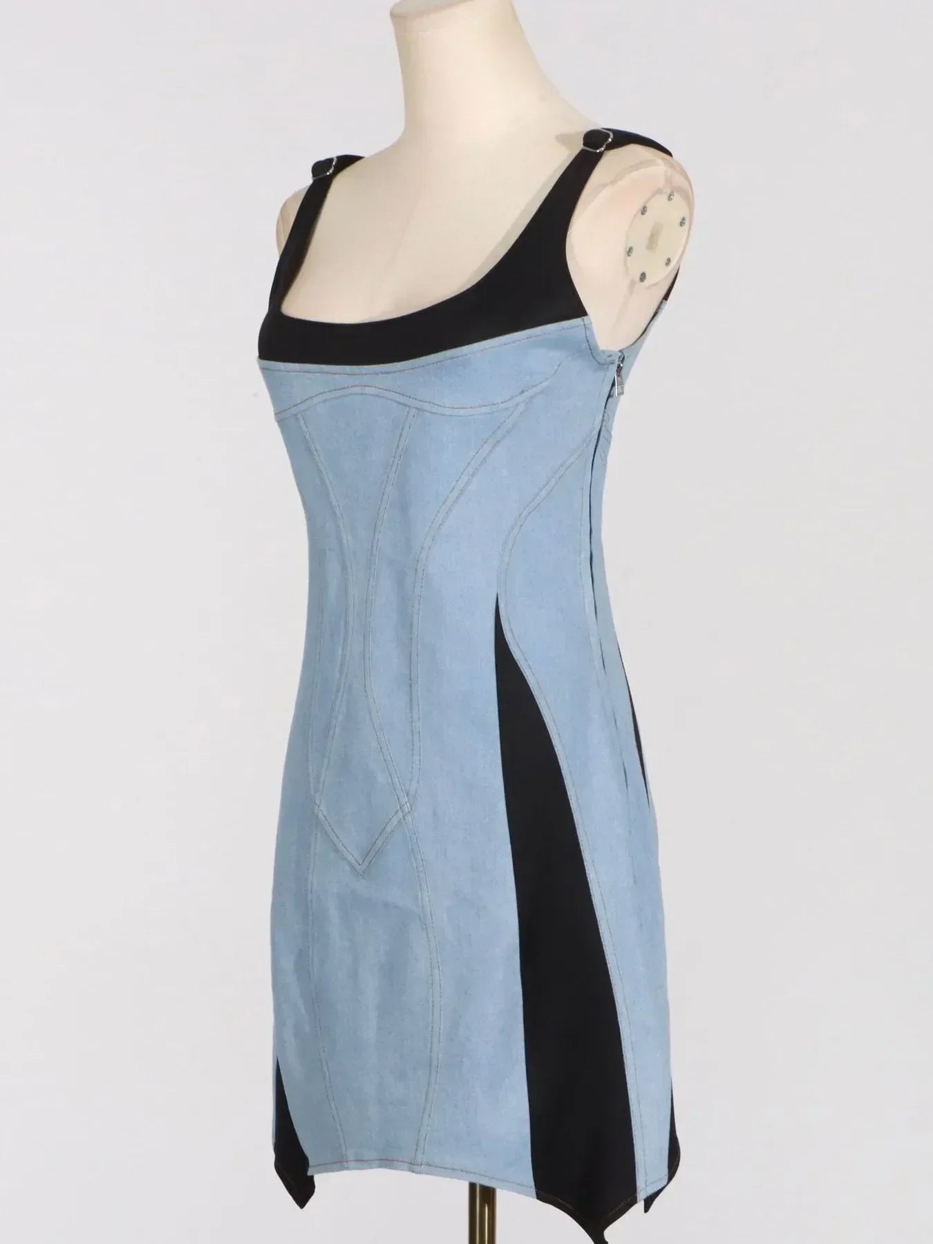 Contrast Adjustable Strap Denim Dress - DAVERRI FASHIONS