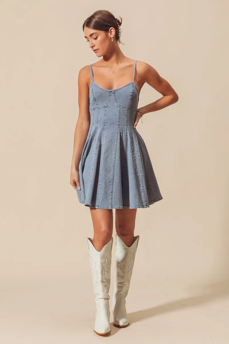 Light blue SO ME A-line fit and flare denim mini dress with thin straps