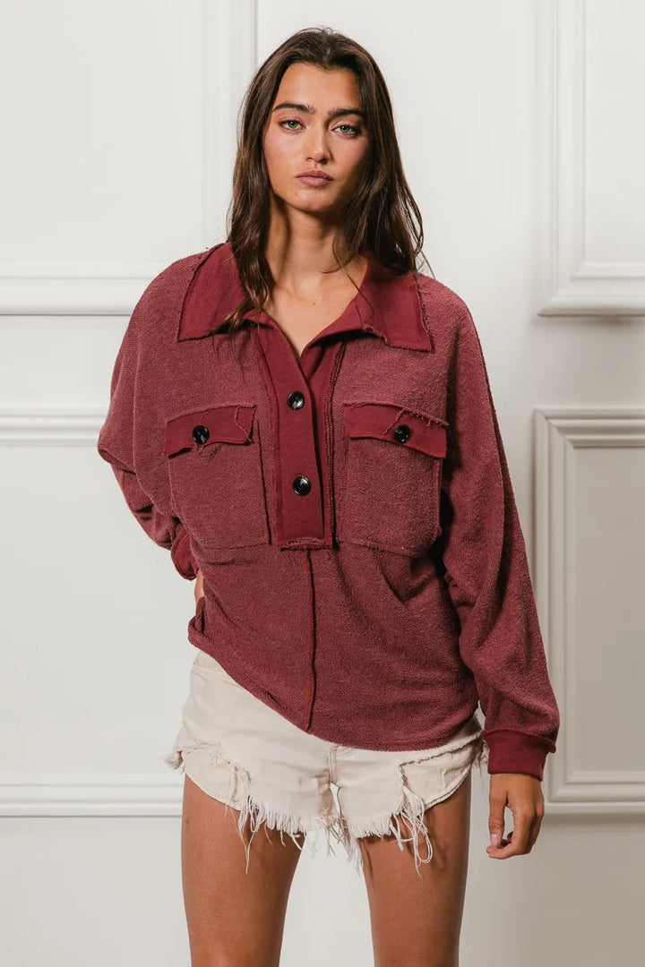 BiBi Cp French Terry Cut Edge Detail Collared Top | Tops Daverri Fashions