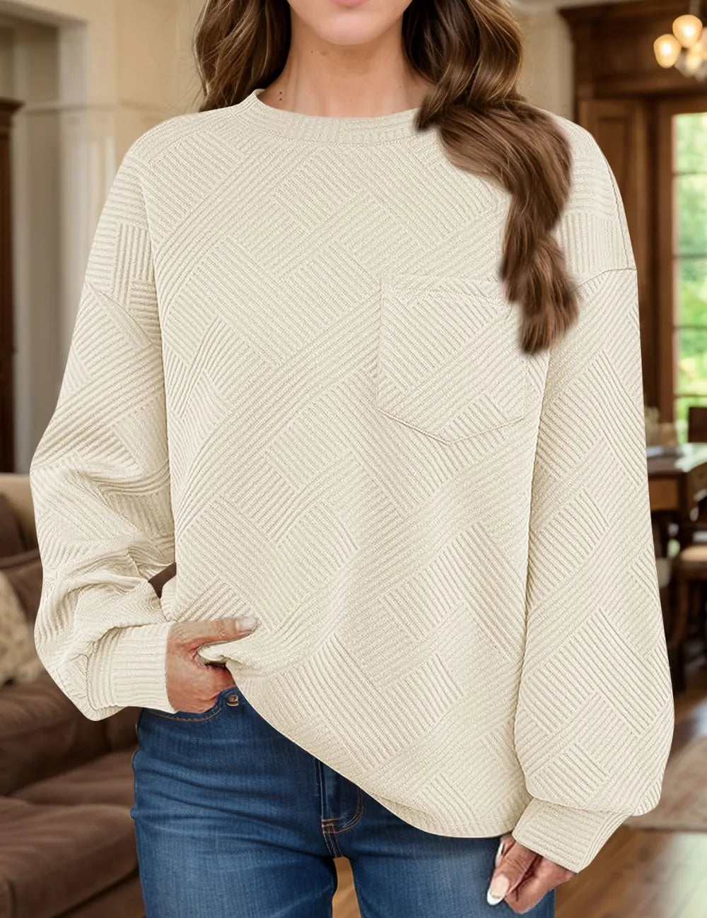 Tan Full Size Texture Round Neck Long Sleeve Sweatshirt | Sweatshirts Daverri Fashions