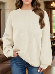 Tan Full Size Texture Round Neck Long Sleeve Sweatshirt | Sweatshirts Daverri Fashions