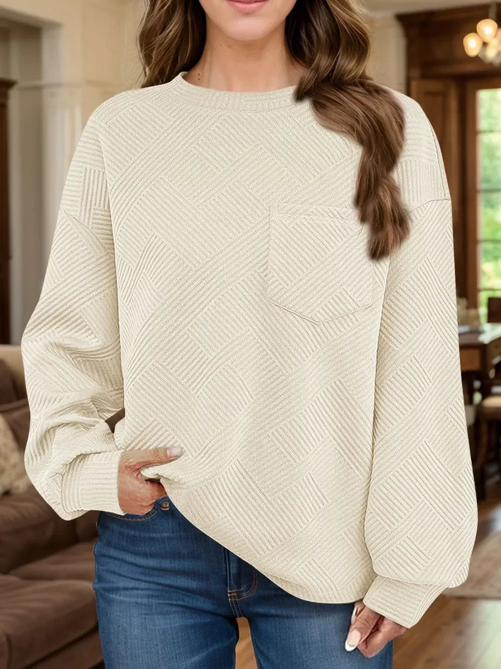Full Size Texture Round Neck Long Sleeve Sweatshirt - DAVERRI FASHIONS