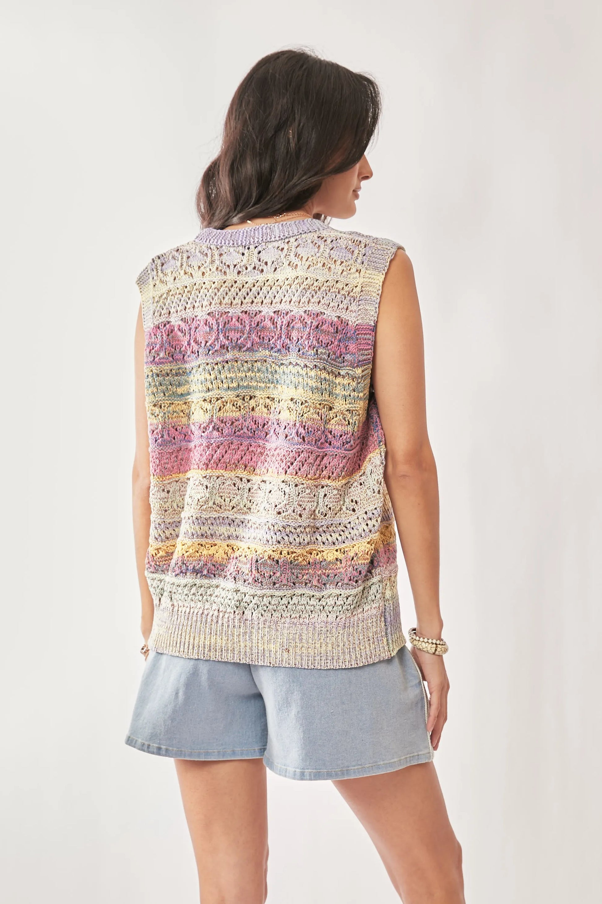 Davi & Dani multi-color crochet sleeveless knit vest in pastel stripes