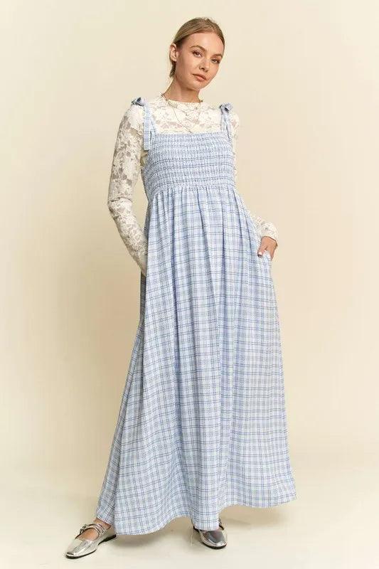 Davi & Dani Plaid Smocking Sleeveless Maxi Dress Blue S Maxi Dresses