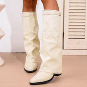 Beige Point Toe Block Heels Boots | Boots Daverri Fashions
