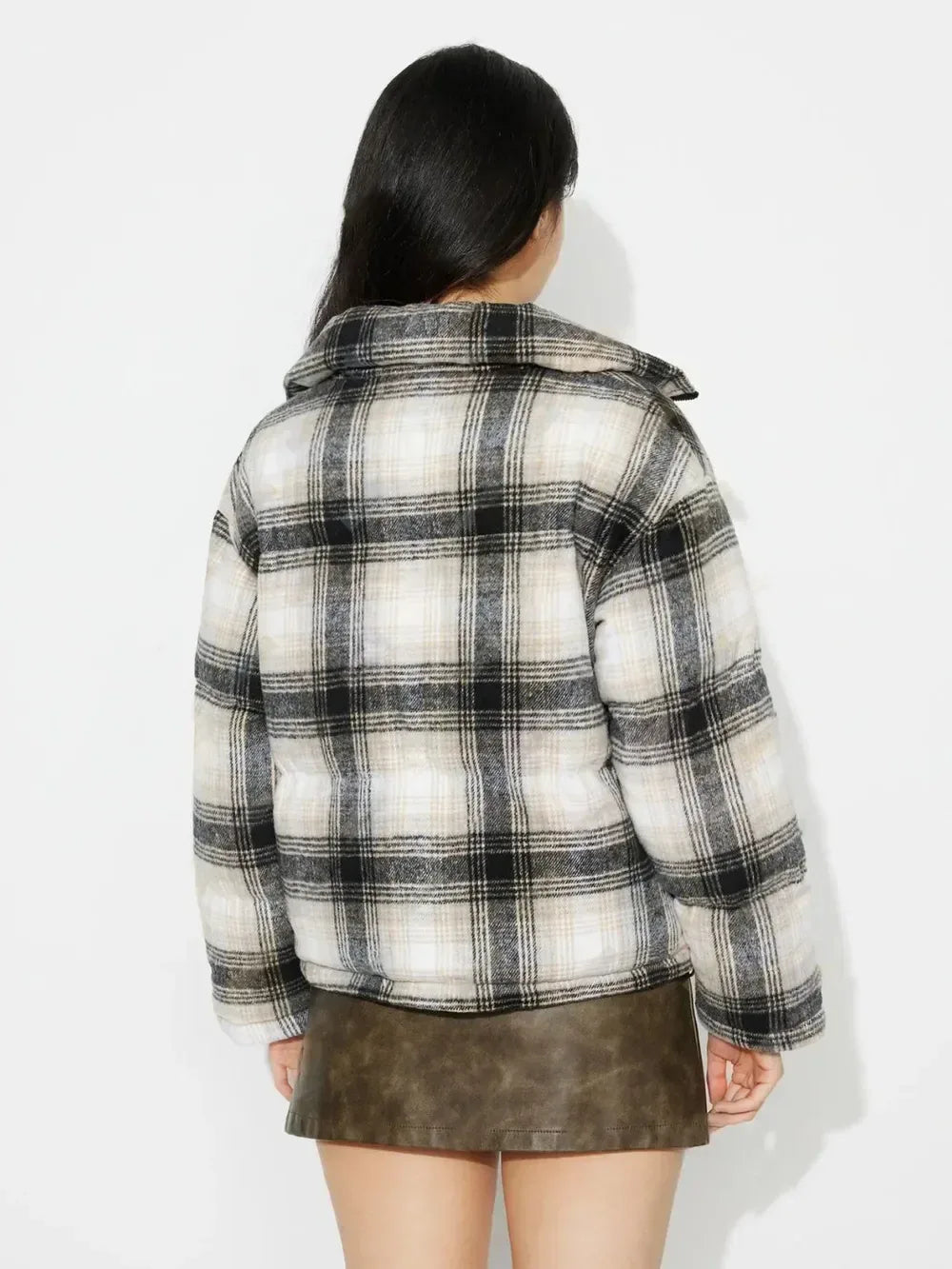 Plaid Zip Up Long Sleeve Jacket - DAVERRI FASHIONS