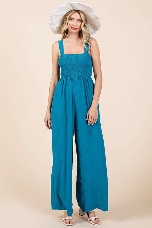 Mittoshop Smocked Wide Strap Wide Leg Overalls