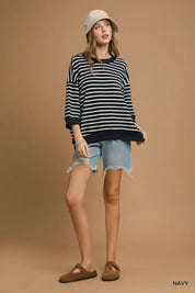 Umgee Ribbed Hem Striped Oversized Knit Top | Tops Daverri Fashions