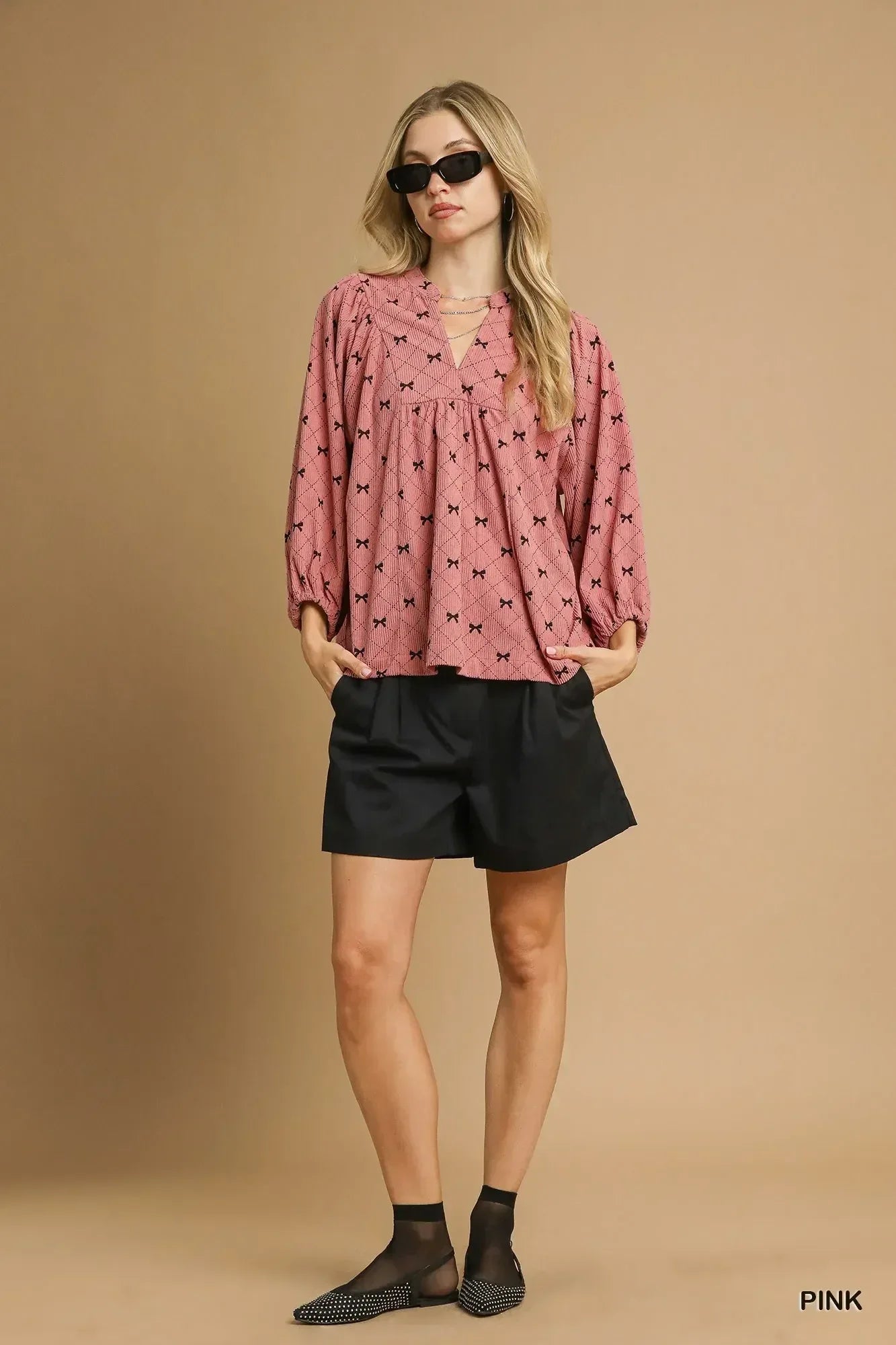 Umgee Corduroy Bow Print Balloon Sleeve Blouse - DAVERRI FASHIONS