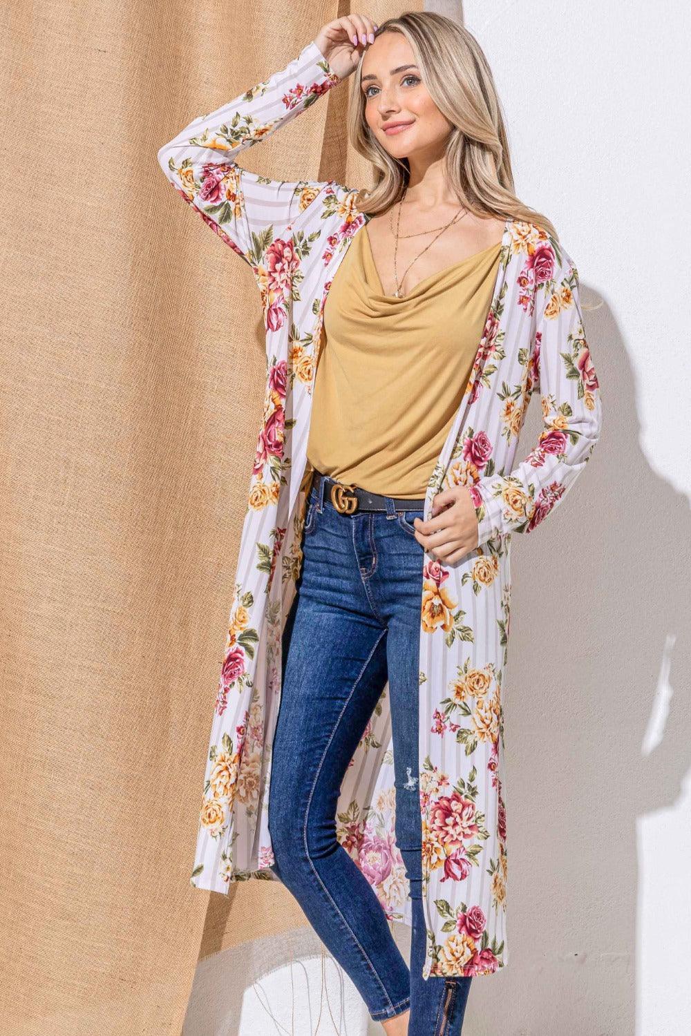 And The Why Floral Kimono Open Front Longline Cardigan - DAVERRI FASHIONS