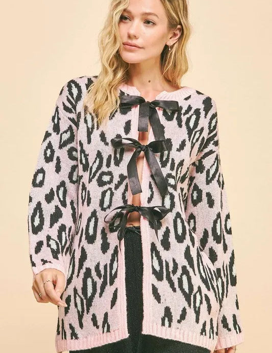 Blush Pink Davi & Dani Leopard Ribbon Tie Front Loose Fit Cardigan | Cardigans Daverri Fashions