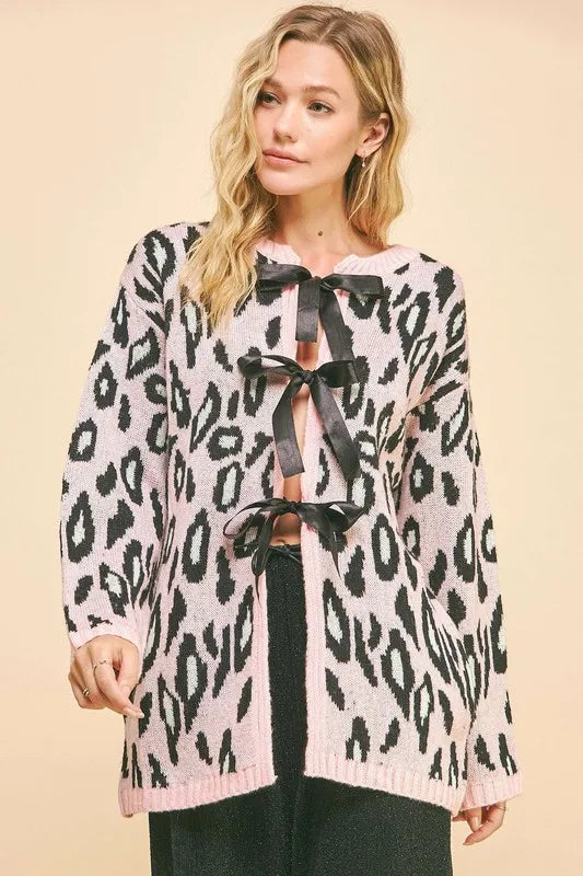 Davi & Dani Leopard Ribbon Tie Front Loose Fit Cardigan Blush Pink Cardigans