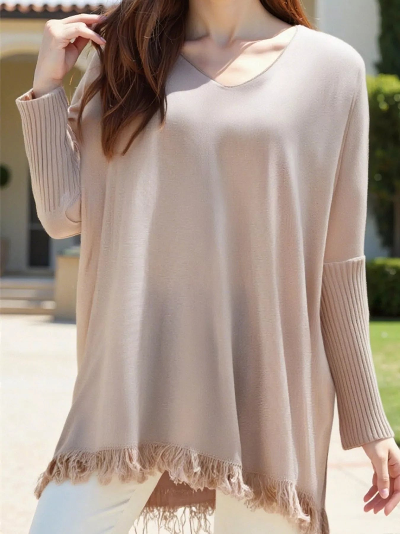 Raw Hem V-Neck Sweater | Sweaters Daverri Fashions
