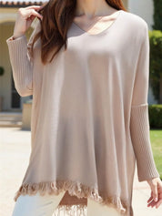 Raw Hem V-Neck Sweater | Sweaters Daverri Fashions