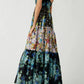 Floral tiered maxi dress with vibrant blue pink green print