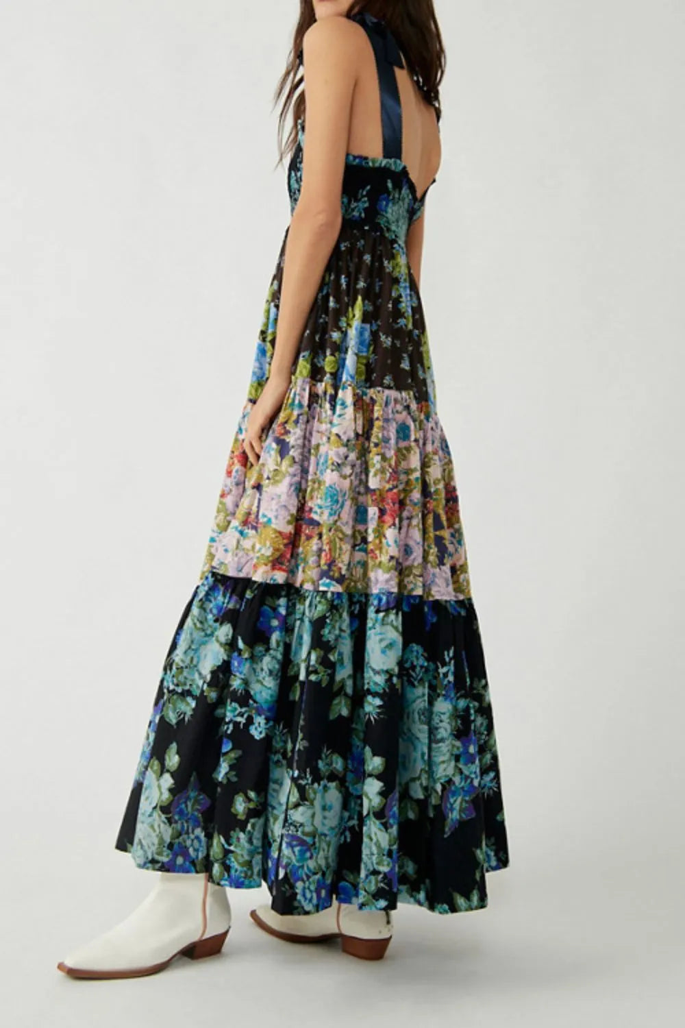 Floral tiered maxi dress with vibrant blue pink green print
