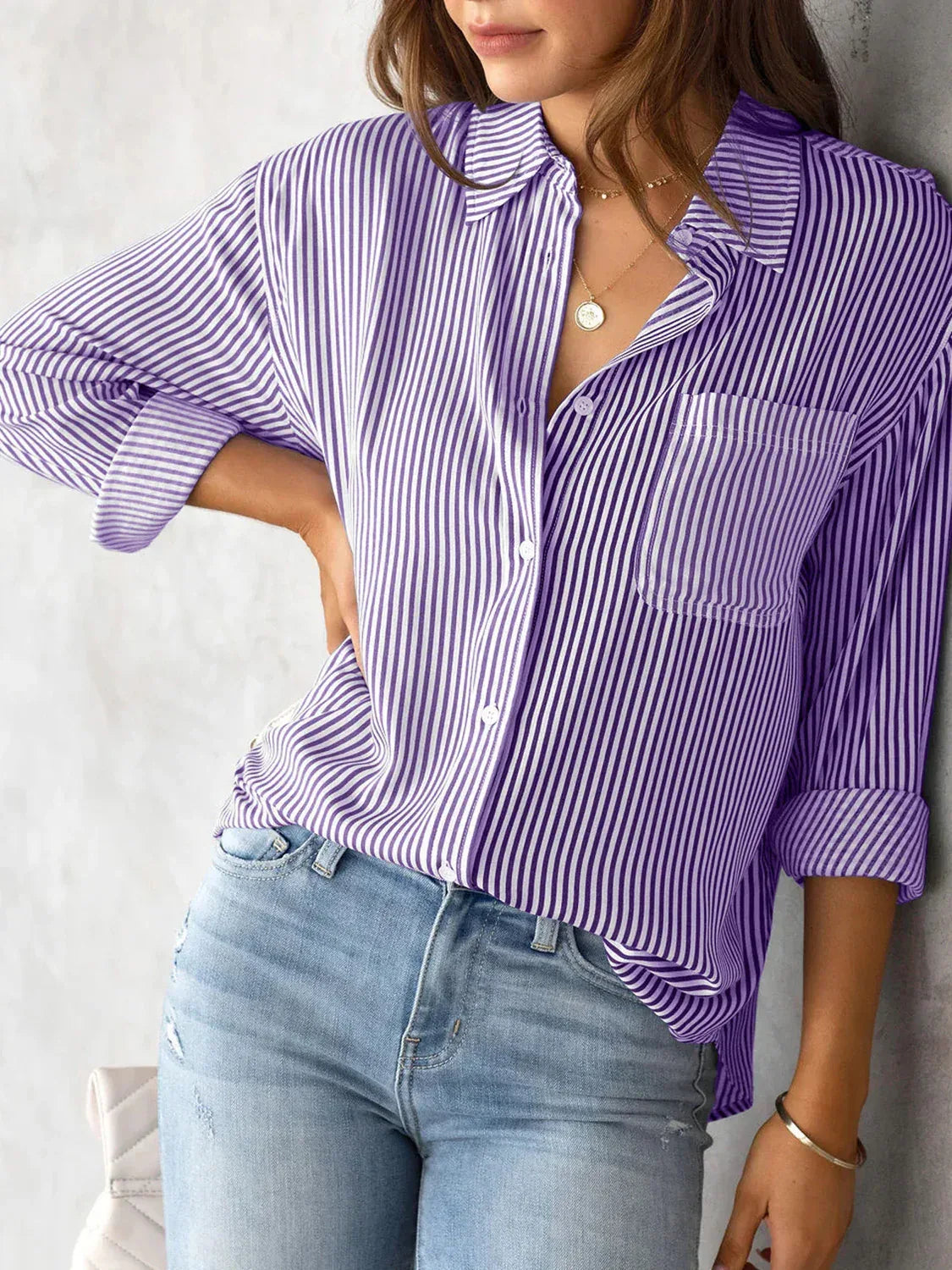 Lovelet Striped Collared Neck Shirt with Pocket - DAVERRI FASHIONS