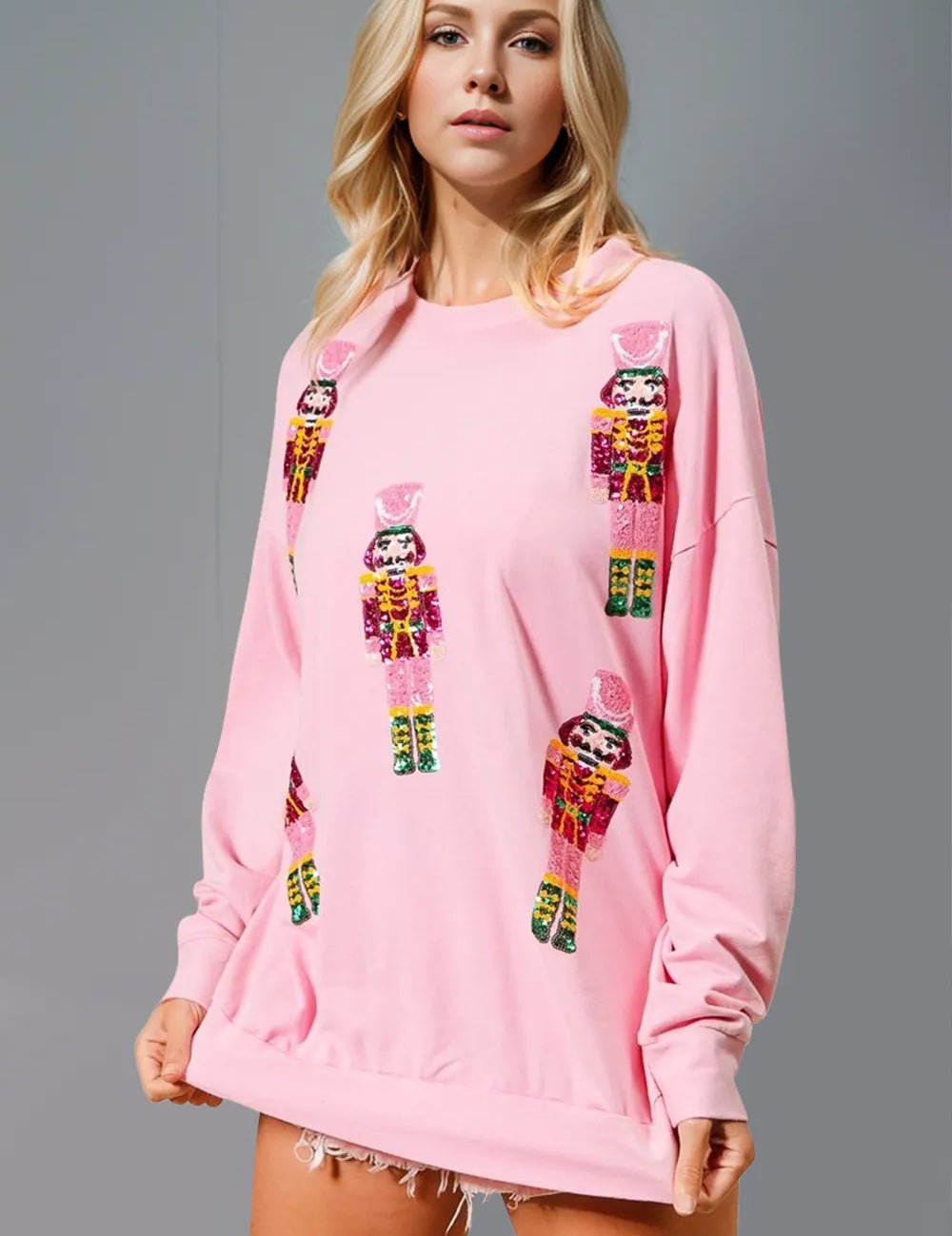 Pink Double Take Sequin Nutcracker Round Neck Long Sleeve Sweatshirt | Sweatshirts Daverri Fashions