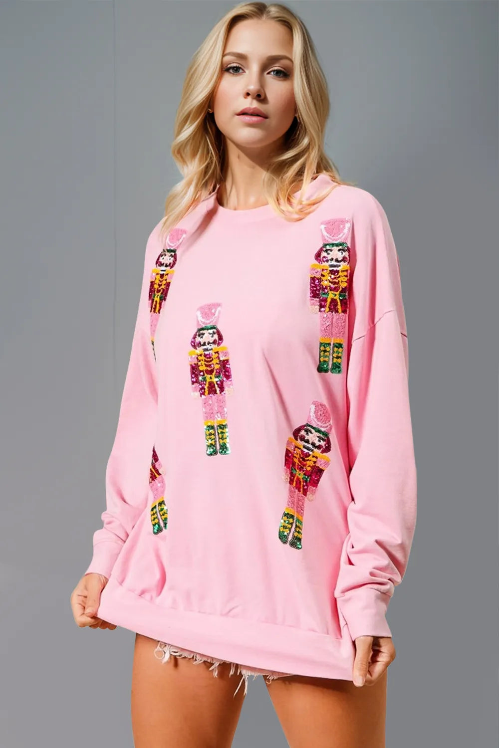 Pink Double Take Sequin Nutcracker Round Neck Long Sleeve Sweatshirt | Sweatshirts Daverri Fashions