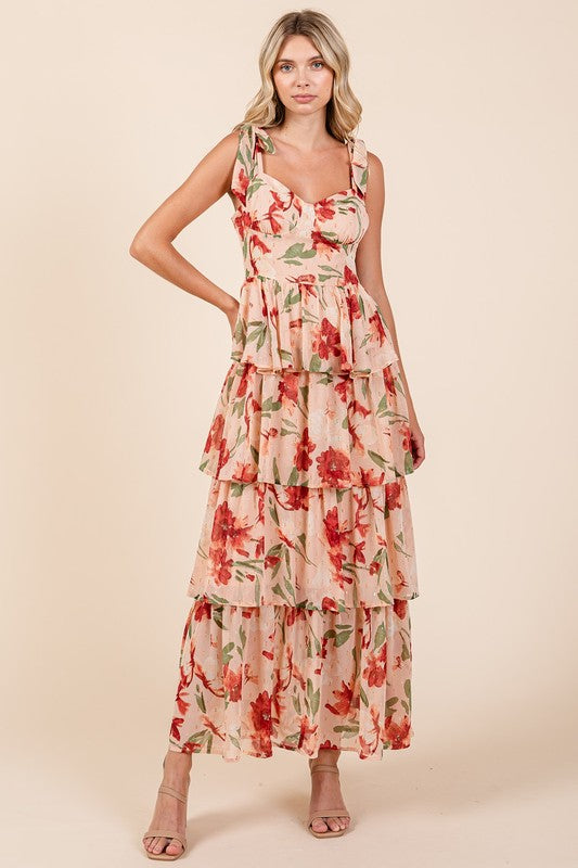 Mittoshop Layered Floral Sweetheart Neck Maxi Dress Coral