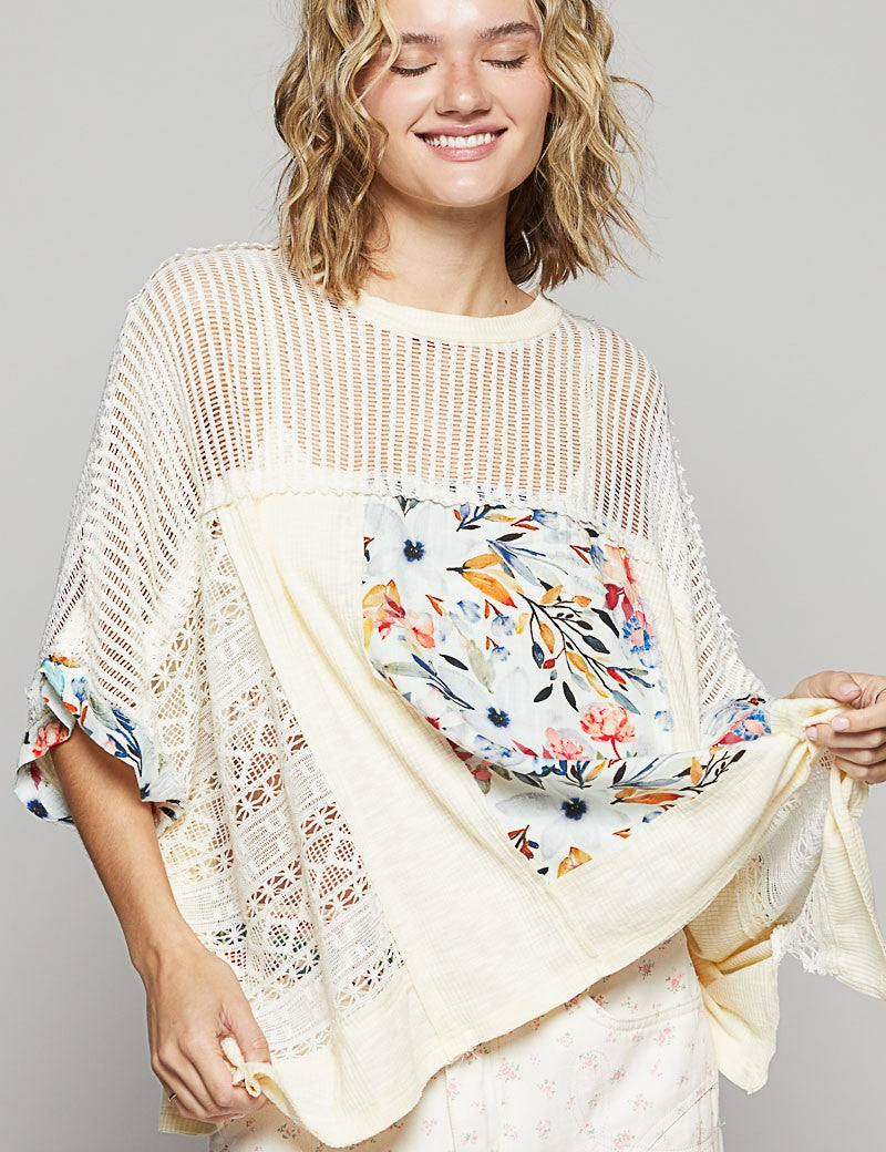 POL Hollow Out Floral Half Sleeve Knit Top Cream