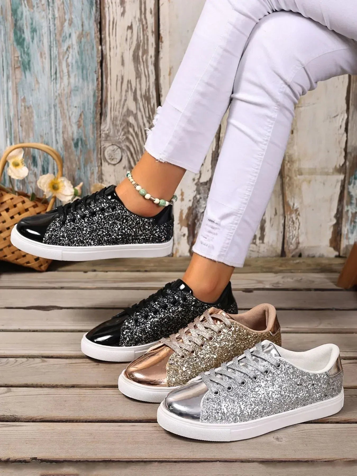 Sequin Lace Up Sneakers - DAVERRI FASHIONS