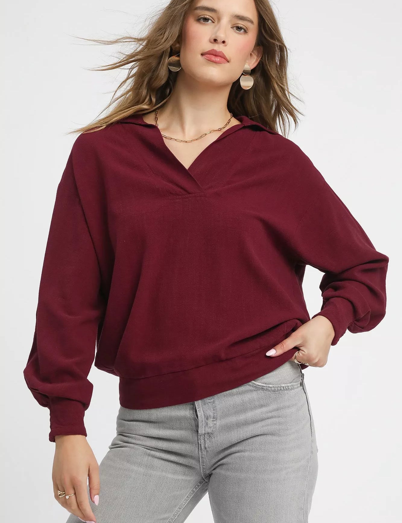 MERLOT Umgee Linen Long Sleeves Elastic Hem Blouse | Blouses Daverri Fashions