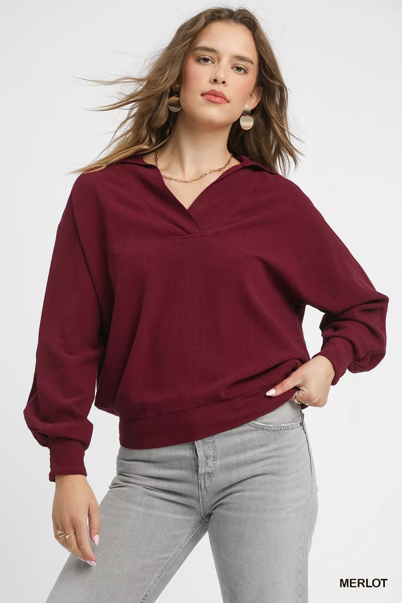 MERLOT Umgee Linen Long Sleeves Elastic Hem Blouse | Blouses Daverri Fashions