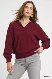MERLOT Umgee Linen Long Sleeves Elastic Hem Blouse | Blouses Daverri Fashions