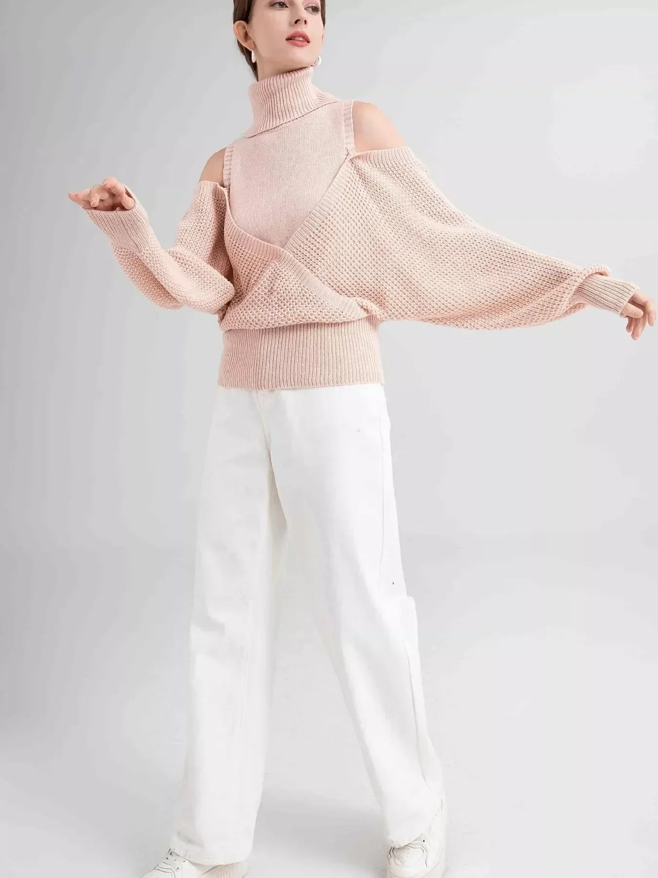 Waffle Knit Cold Shoulder Turtleneck Sweater - DAVERRI FASHIONS