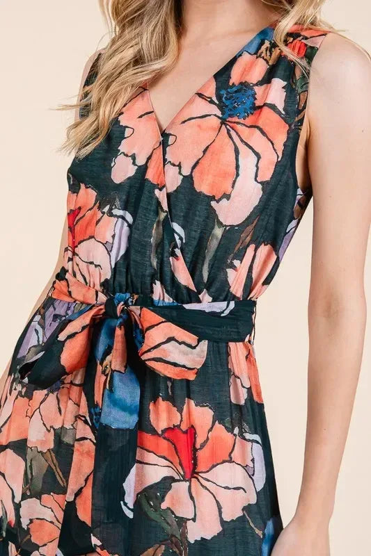 Lime 'N' Chili Floral Print Sleeveless Tie Waist Maxi Dress - DAVERRI FASHIONS