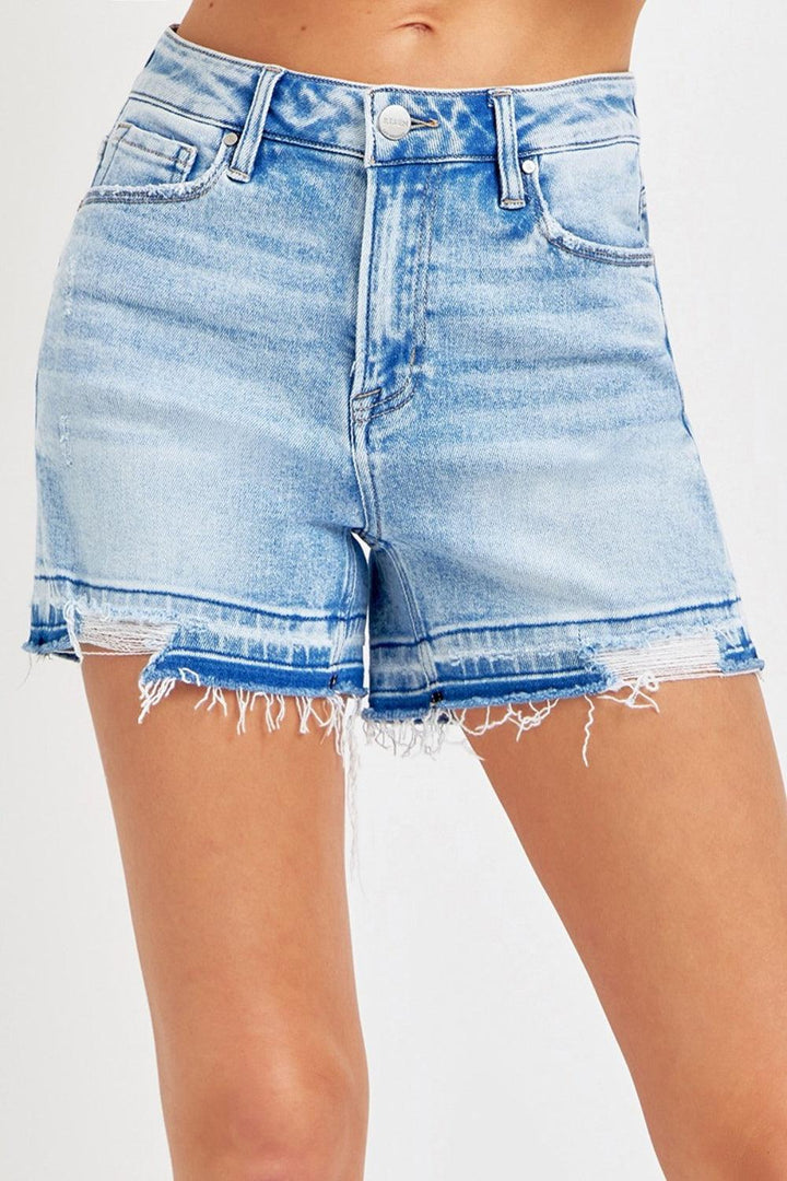 RISEN High Rise Distressed Hem Denim Shorts Light Shorts