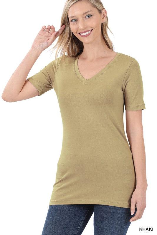 Cotton V-Neck Short Sleeve T-Shirt KHAKI T-Shirts