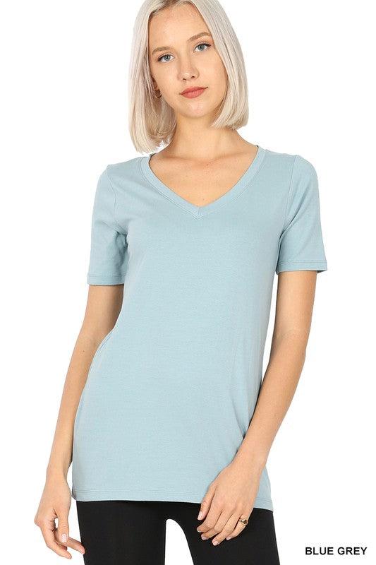 Cotton V-Neck Short Sleeve T-Shirt BLUE GREY XL T-Shirts