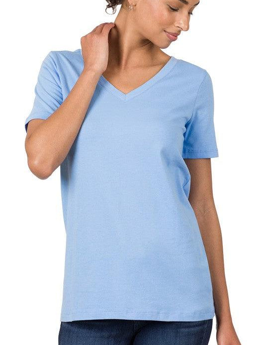 Cotton V-Neck Short Sleeve T-Shirt SPRING BLUE T-Shirts