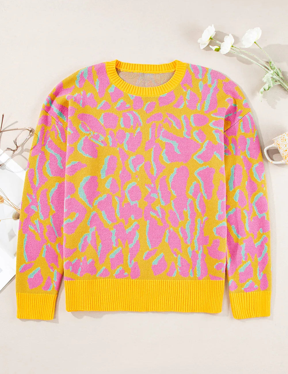Contrast Round Neck Long Sleeve Sweater | Sweaters Daverri Fashions