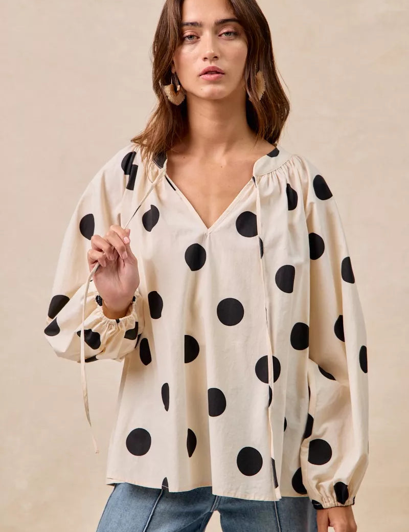OATMEAL BLACK BiBi Polka Dot Exaggerated Balloon Sleeves Blouse | Tops Daverri Fashions