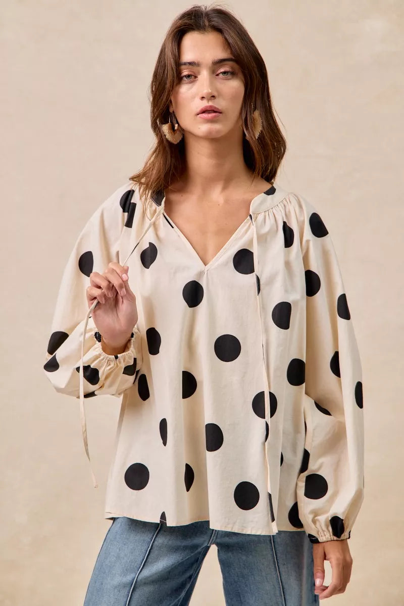 OATMEAL BLACK BiBi Polka Dot Exaggerated Balloon Sleeves Blouse | Tops Daverri Fashions