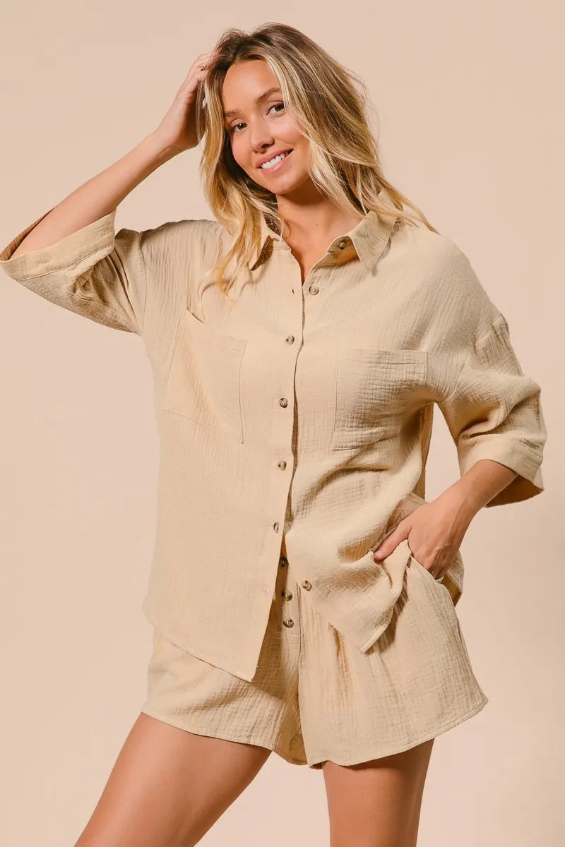 BiBi Crinkle Gauze Shirt and Short Set Outfit Sets
