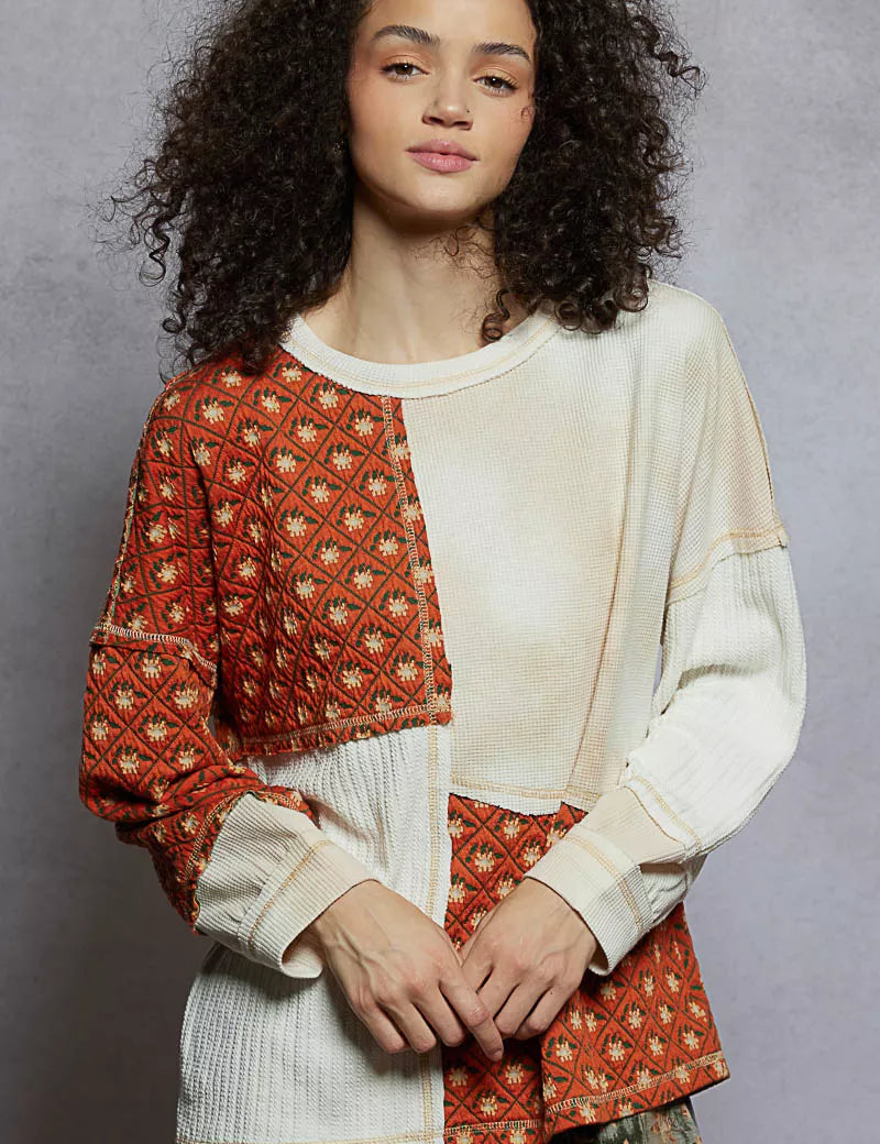 CREAM MUTLI POL Contrast Patchwork Round Neck Long Sleeve Top | Tops Daverri Fashions
