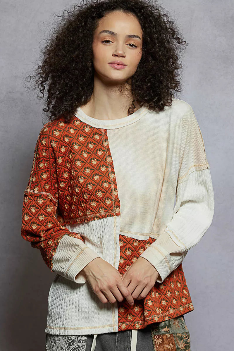 CREAM MUTLI POL Contrast Patchwork Round Neck Long Sleeve Top | Tops Daverri Fashions