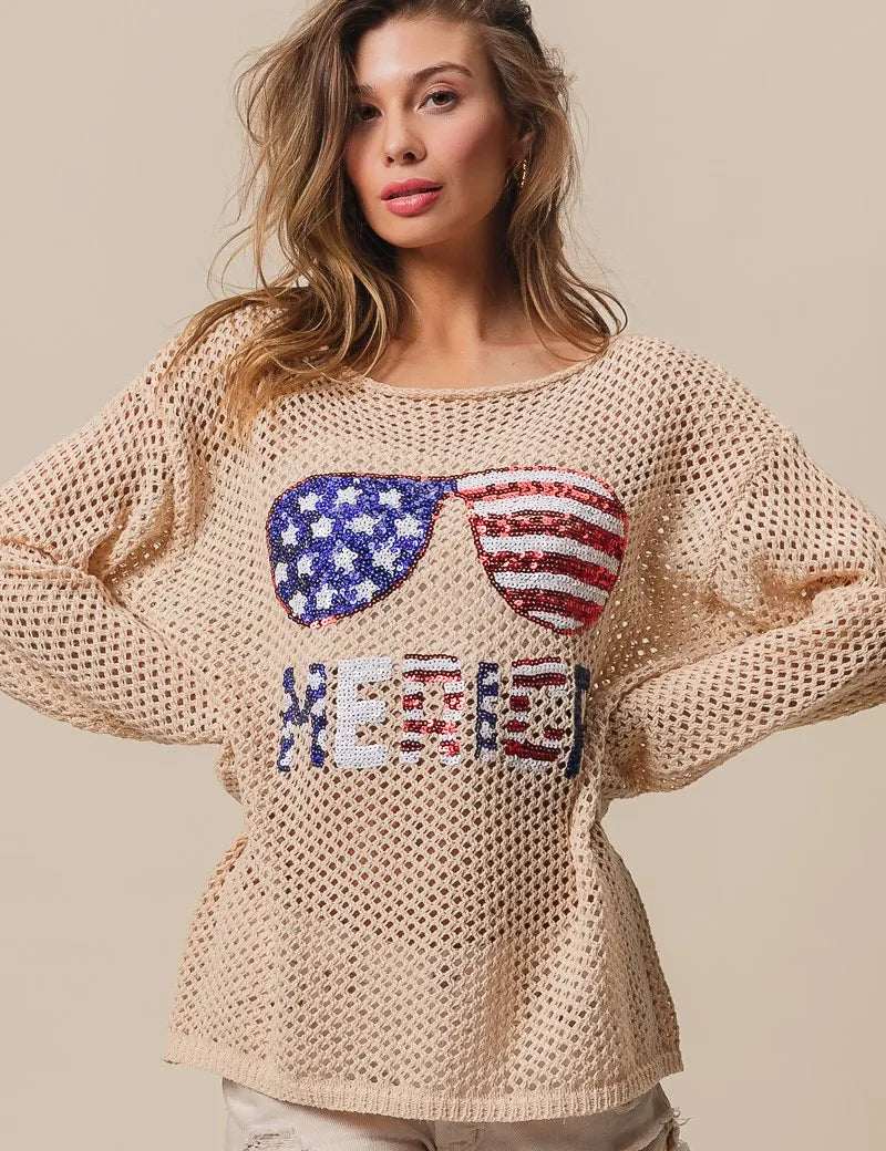 BiBi Sequin American Flag Sunglasses Knit Top | Tops Daverri Fashions
