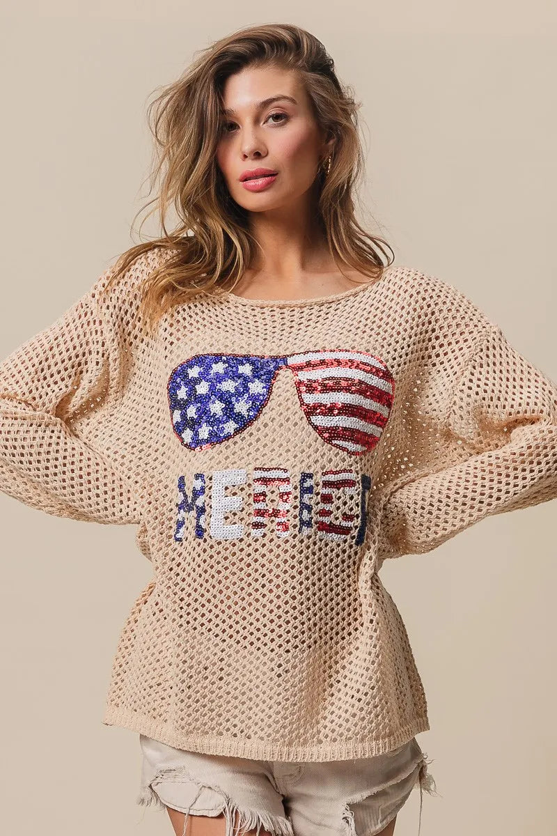 BiBi Sequin American Flag Sunglasses Knit Top Tops