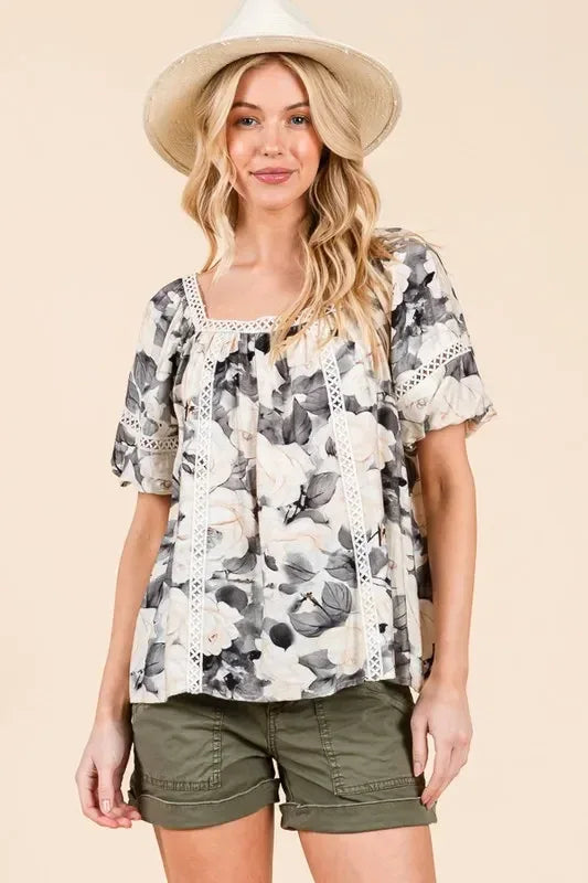 Lime 'N' Chili Floral Print Lace Trim Puff Sleeve Blouse - DAVERRI FASHIONS