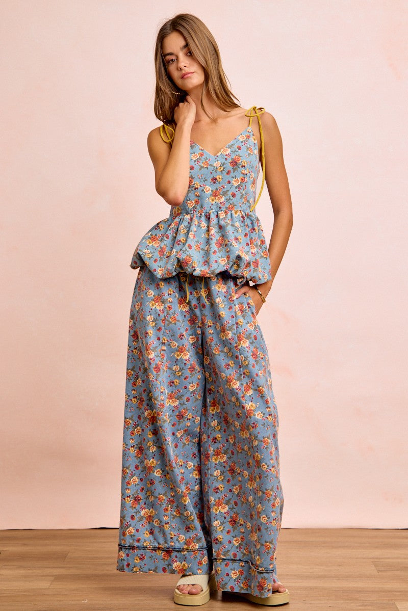 BiBi Floral Printed Drawstring Wide Pants with ruffled peplum top