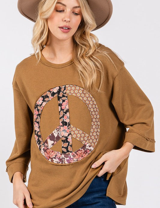 SAGE + FIG Floral Peace Patch Round Neck Top Caramel