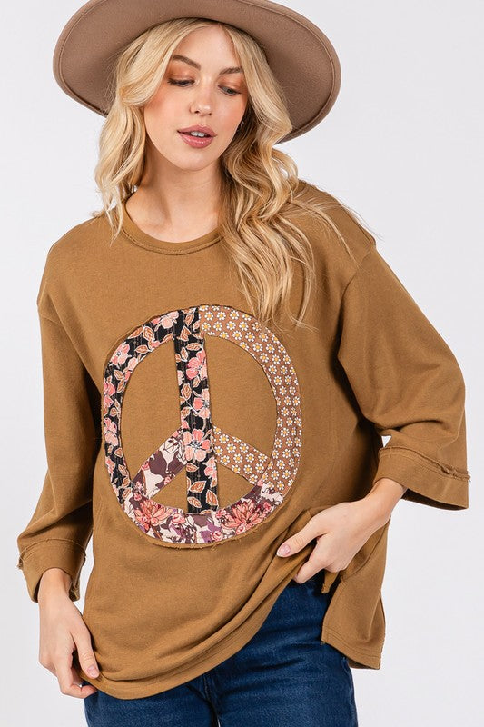 SAGE + FIG Floral Peace Patch Round Neck Top Caramel Tops