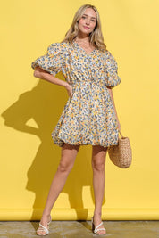 Yellow Multi And The Why Full Size Floral Surplice Puff Sleeve Dress | Daverri Fashions
