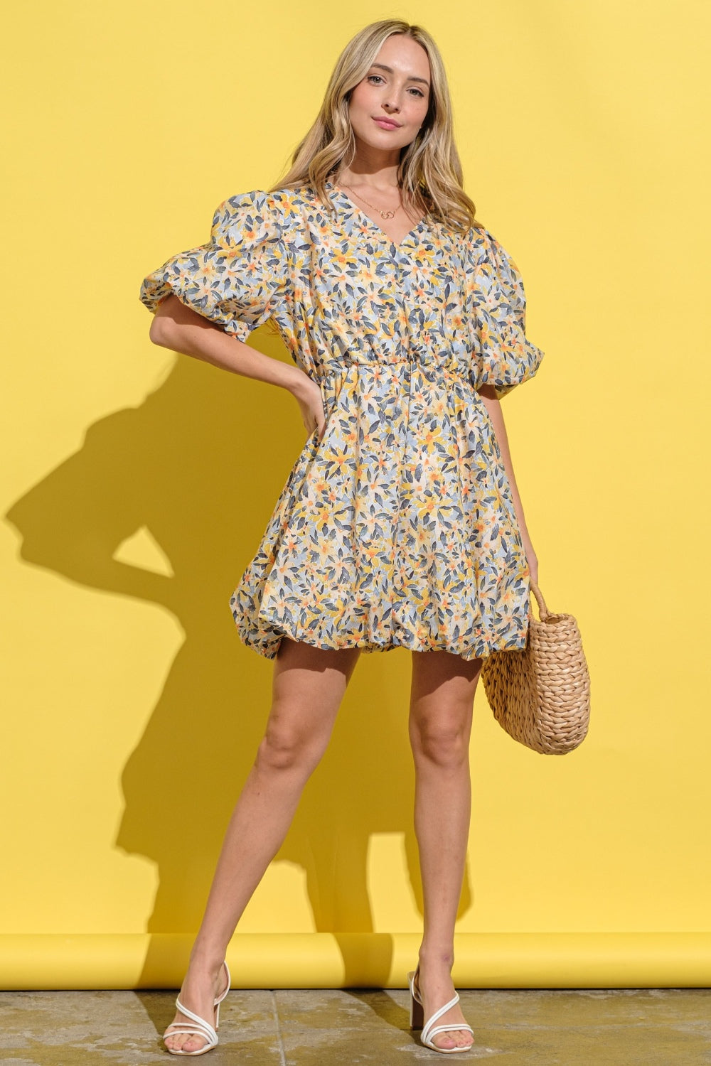 And The Why Full Size Floral Surplice Puff Sleeve Dress Yellow Multi