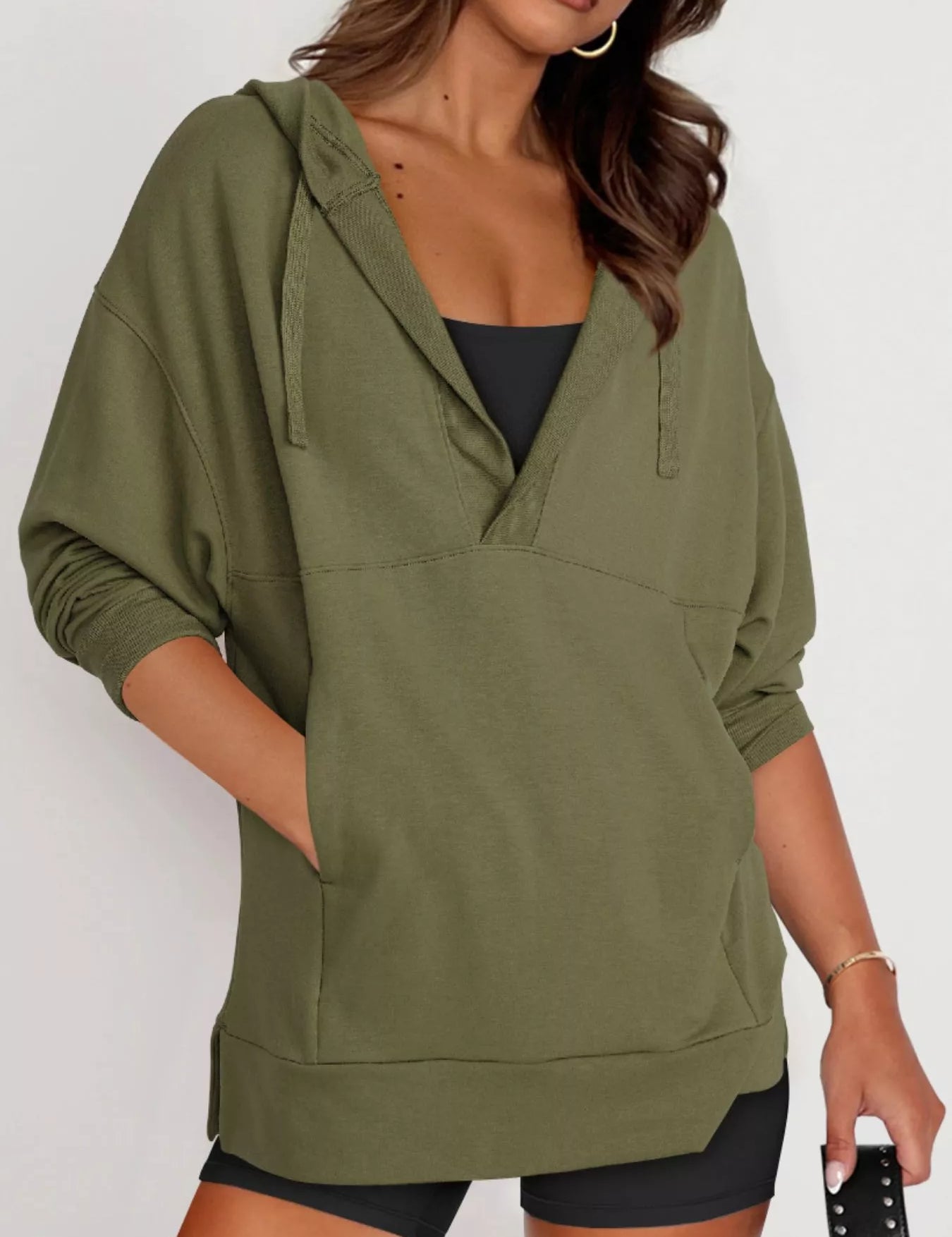 Moss Drawstring Kangaroo Pocket Long Sleeve Hoodie | Hoodies Daverri Fashions